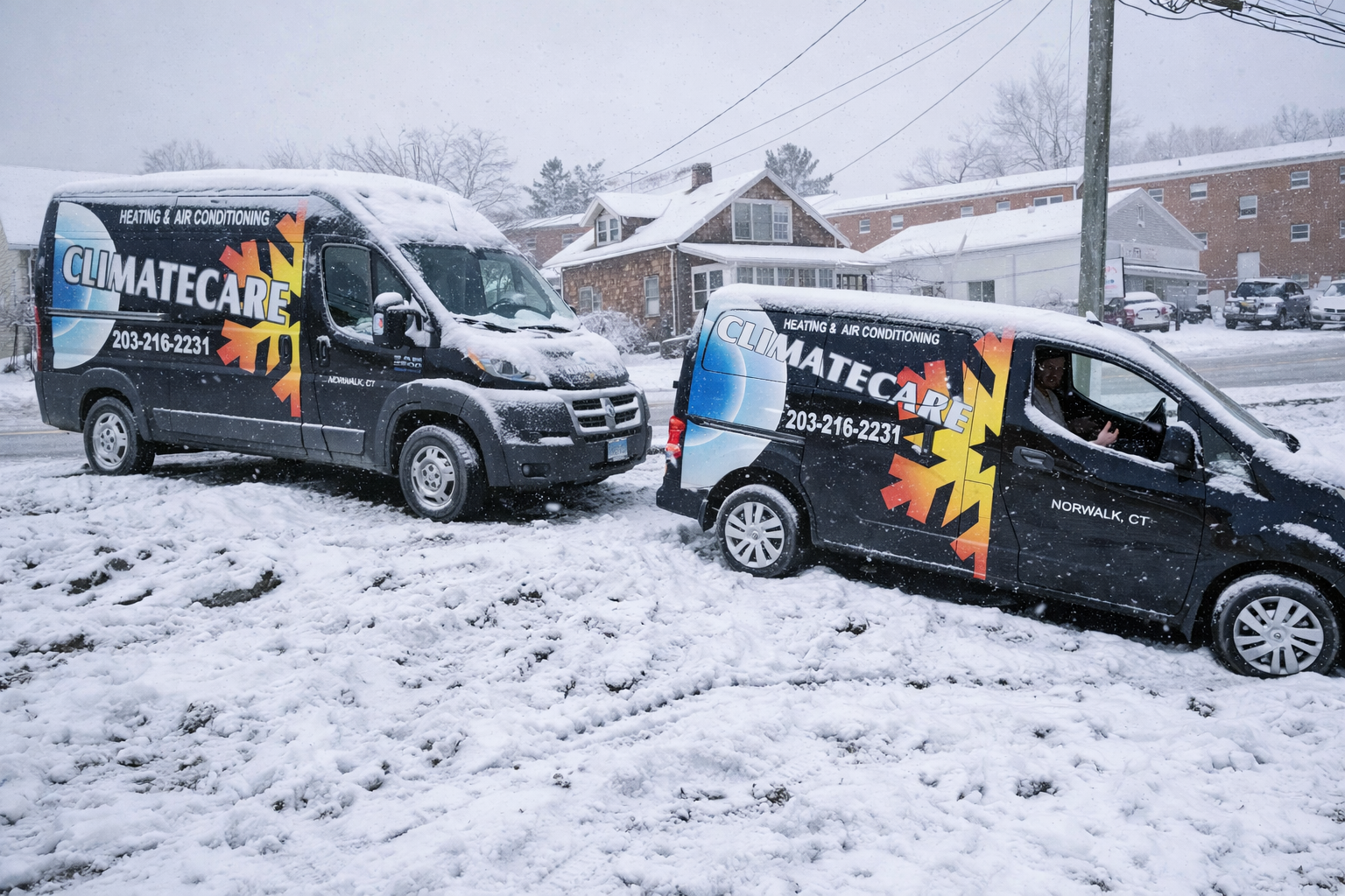 Climate Care emergency heating service truck in Rowayton Norwalk Connecticut during extreme cold weather