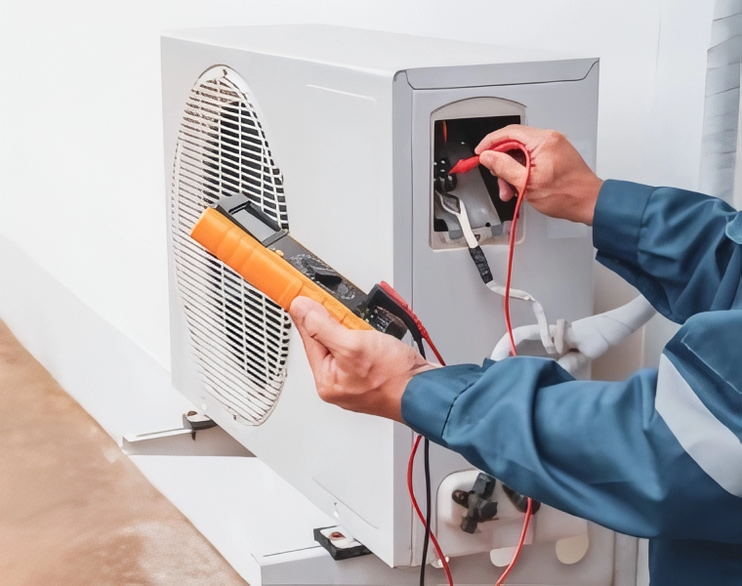 Technician conducting AC installation and repair using a multimeter.