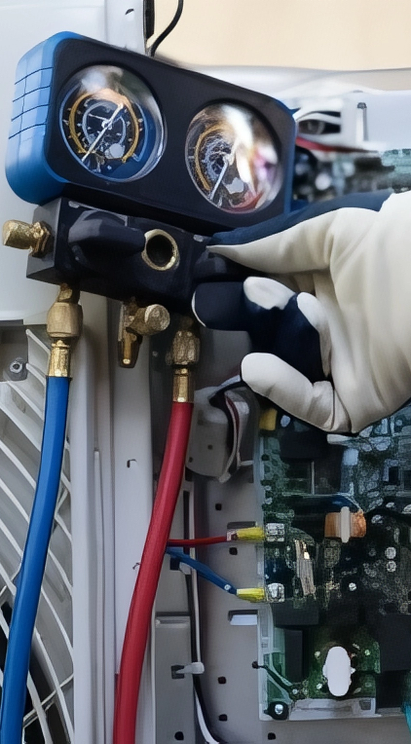 Technician using gauges on an AC unit for repair and maintenance.