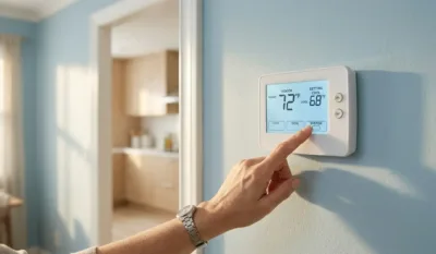 Person adjusting a digital thermostat in a modern home.