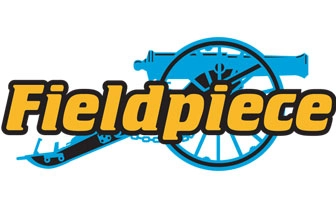 Fieldpiece logo featuring a blue cannon and bold yellow text.