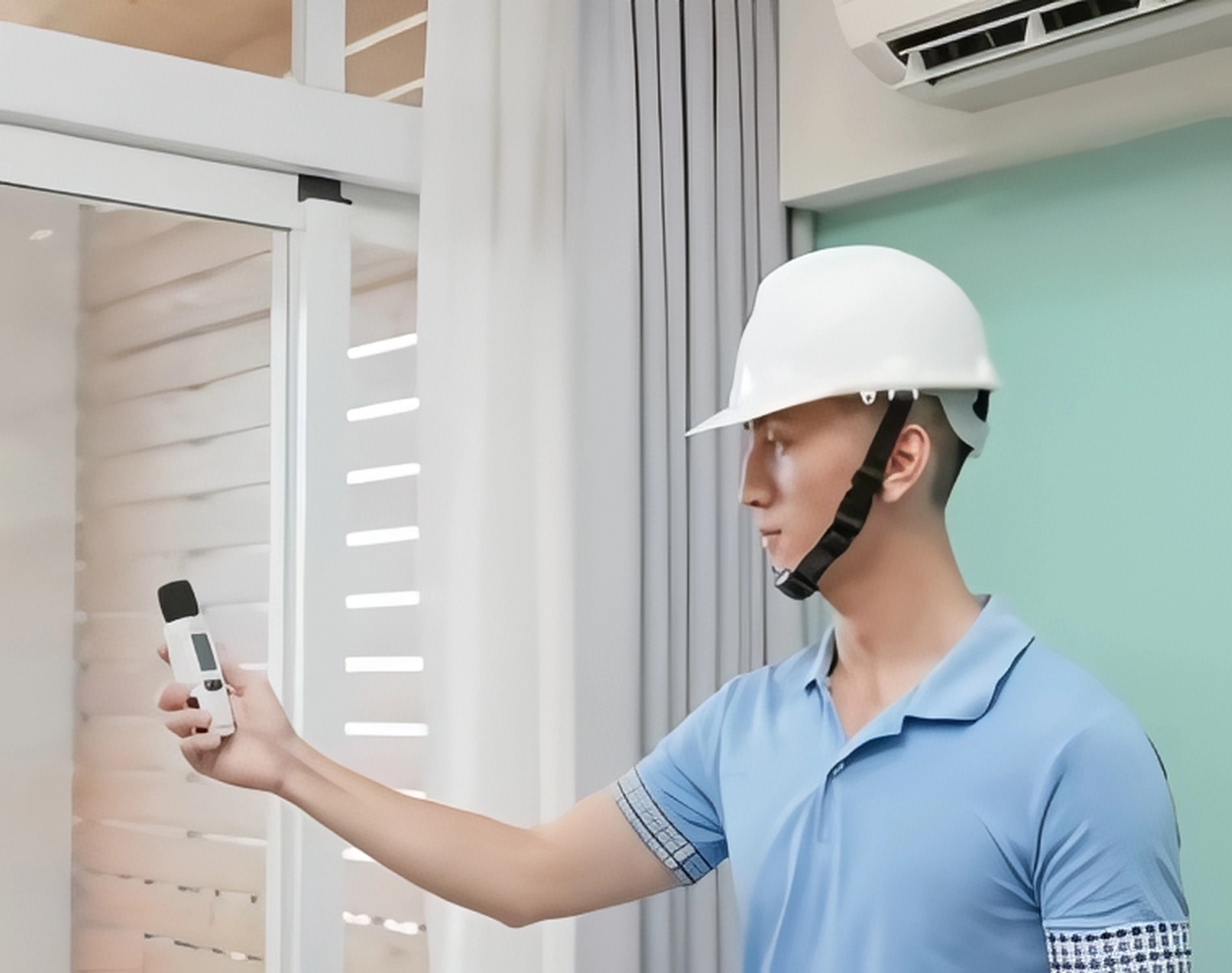 Technician measuring indoor air quality with a handheld device.