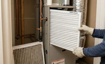 A close-up of a new, clean white air filter being installed into a home furnace system in spring.