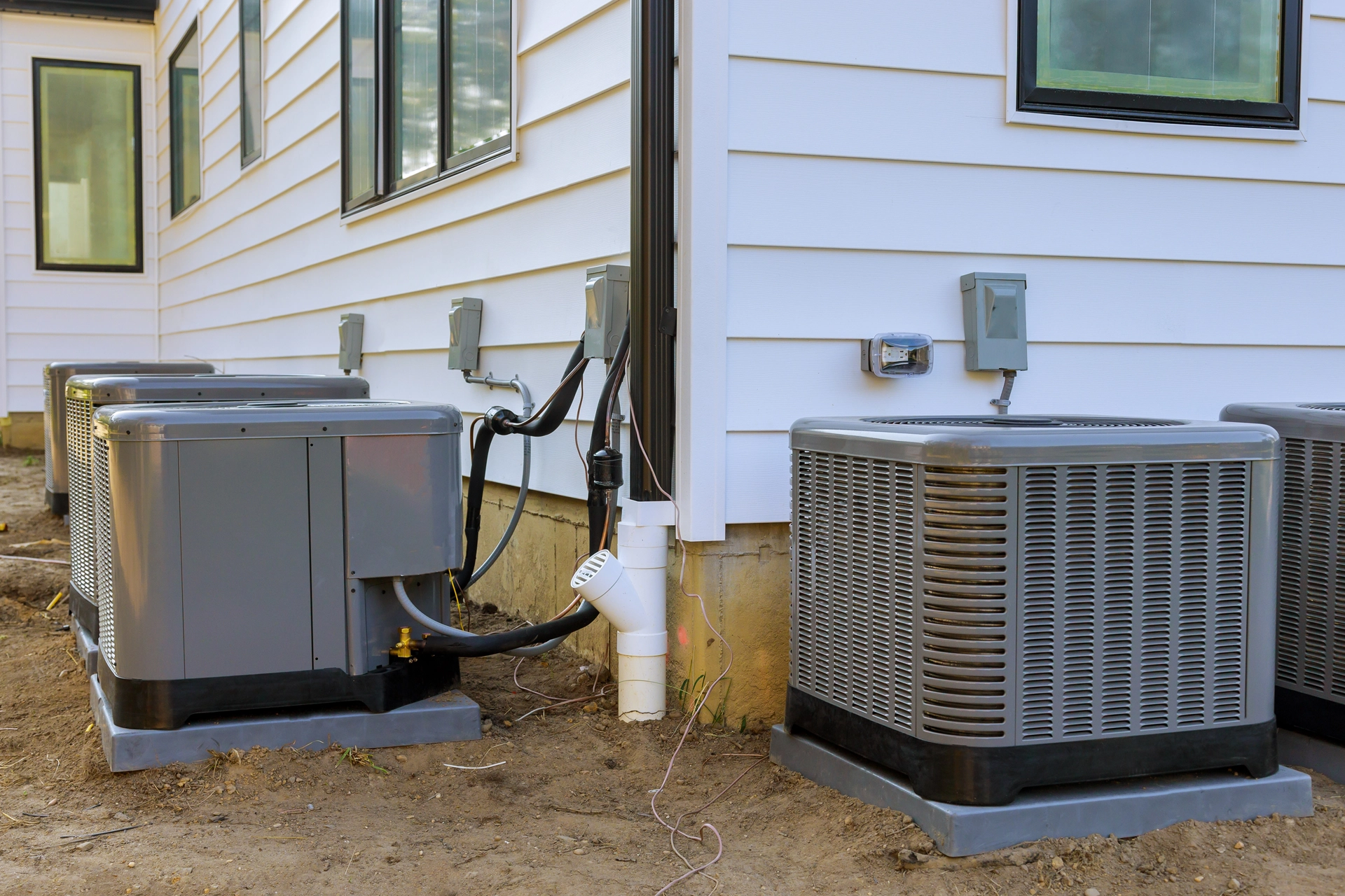 Two outdoor air conditioning units installed beside a white house.