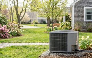Air conditioning unit in a landscaped yard during spring in Fairfield County.