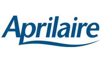 Aprilaire logo in blue with a flowing design element.
