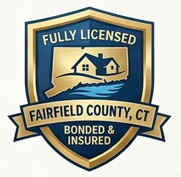 Licensed seal for Fairfield County, CT, featuring a house icon and blue and gold colors.