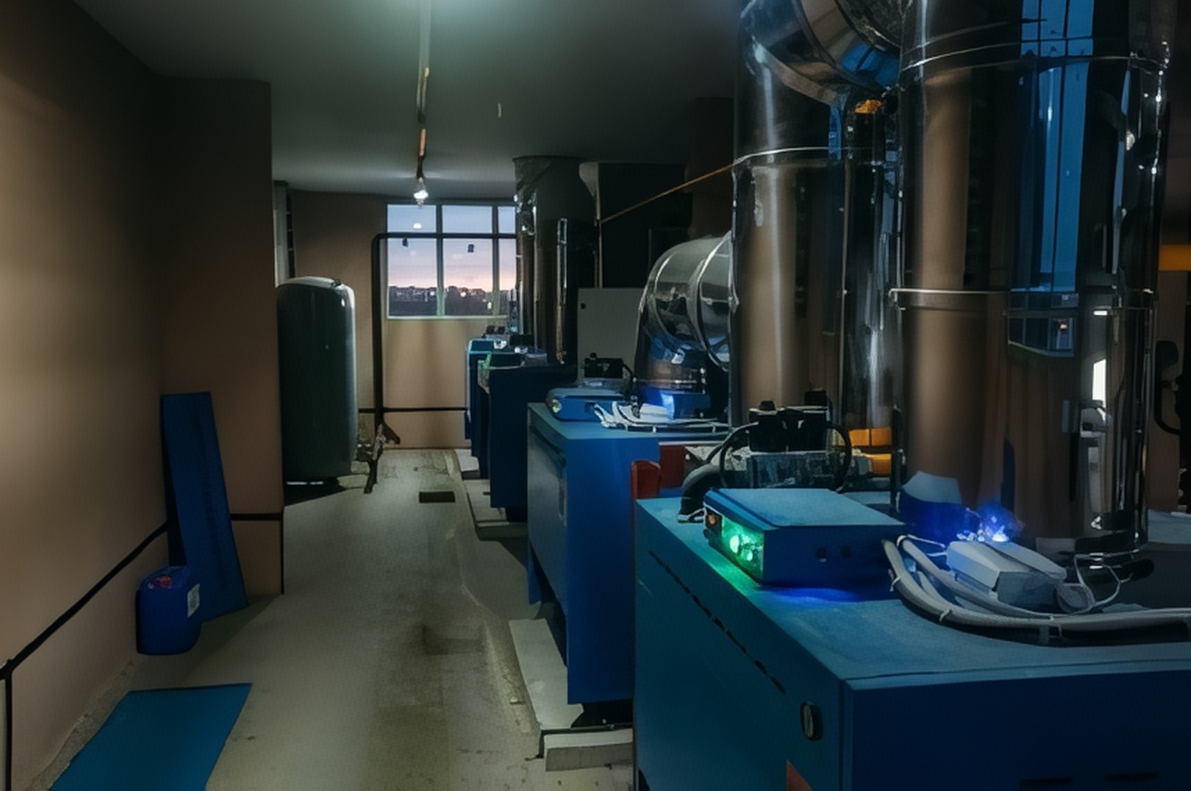 furnace installation Modern furnace installation with multiple units and equipment in a well-lit room.