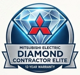 Mitsubishi Electric Diamond Contractor Elite logo with a diamond and 12-year warranty text.