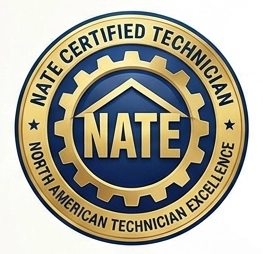 NATE Certified Technician logo featuring a house and gear design.