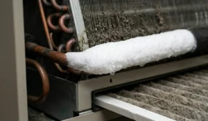 Frozen cooling line with ice buildup on an HVAC unit.