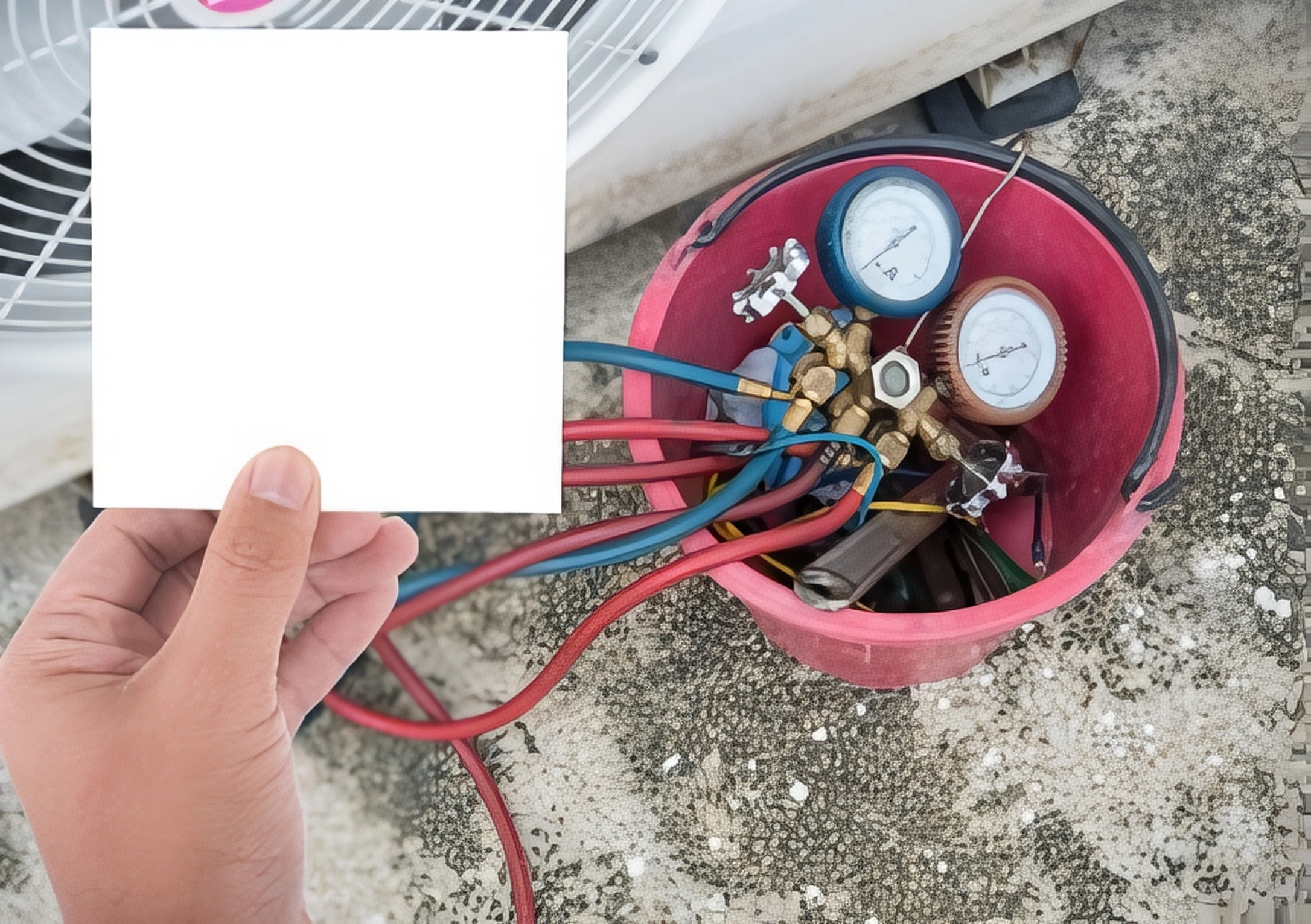 Hand holding a blank card above a bucket of HVAC tools and gauges.