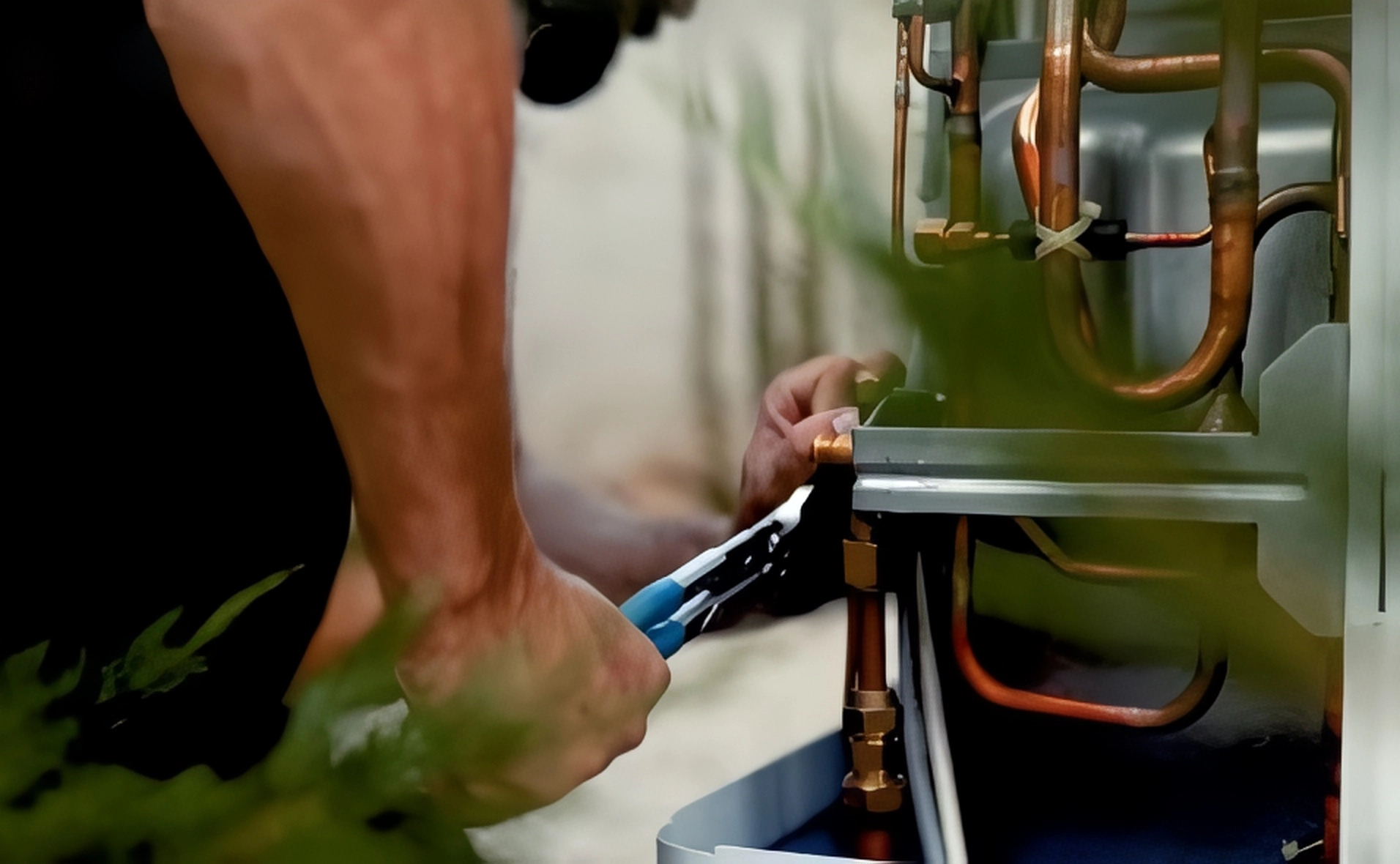 Technician repairing a heat pump in Greenwich, CT.