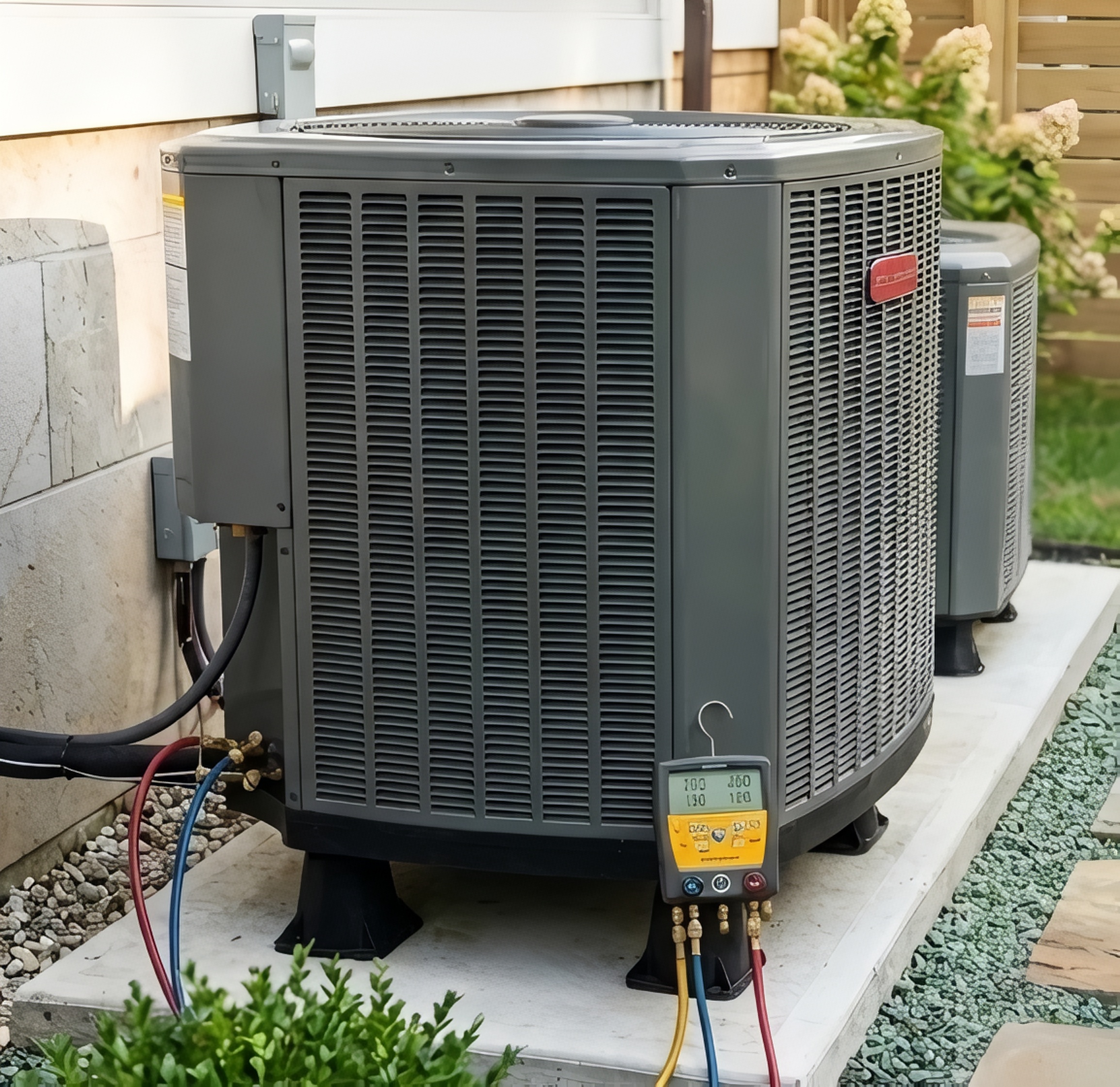 Air conditioning unit with gauges and hoses outside a home.
