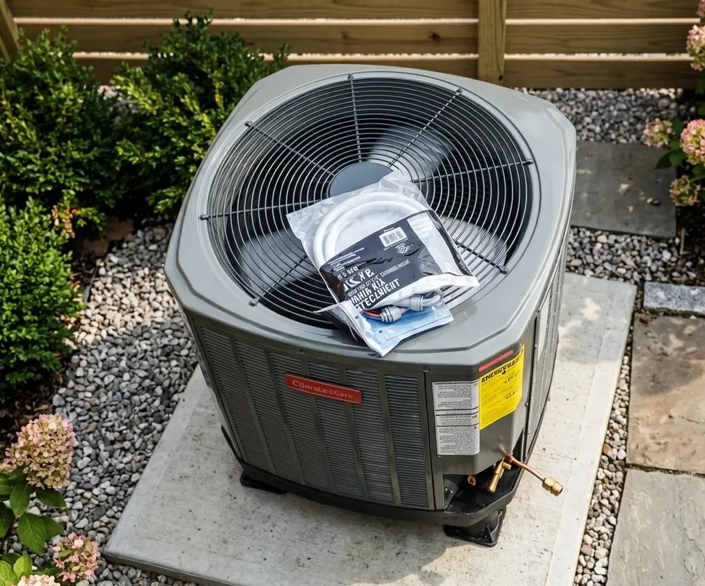Air conditioning unit with maintenance tools on top in a garden setting.
