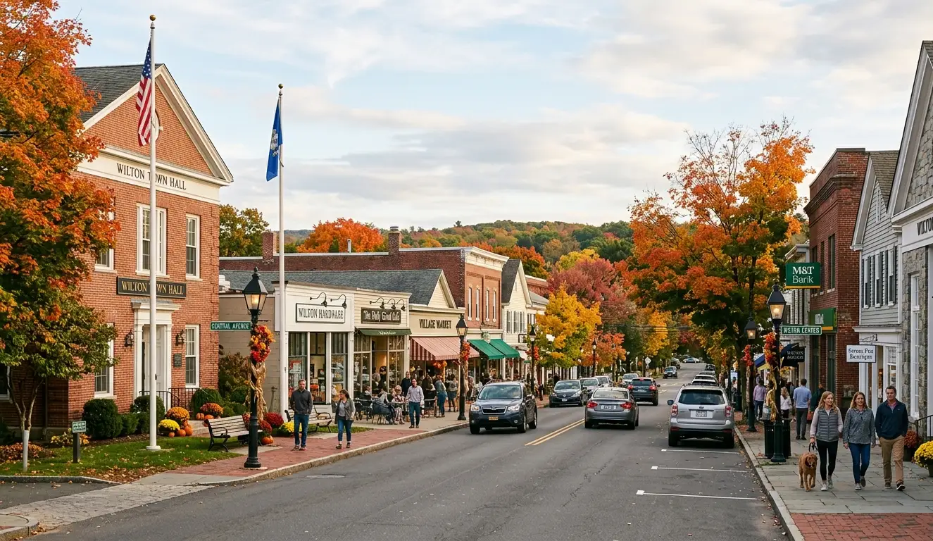 Professional HVAC services Wilton team performing maintenance on a residential heating and cooling system in a scenic town setting.