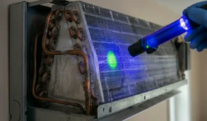 Technician inspecting air conditioning unit coils with UV flashlight.