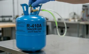 HVAC technician using an R-410A Tracer Gas tank with UV dye to perform a professional air conditioning leak detection test.