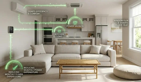 Modern living room showcasing energy-saving features and smart thermostat.