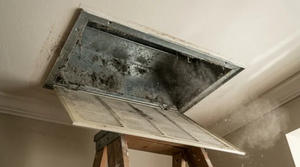 Dirty ceiling air vent releasing dust from a ladder.