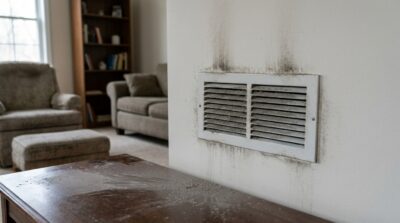 Dirty air vent with dust and mold in a living room setting.