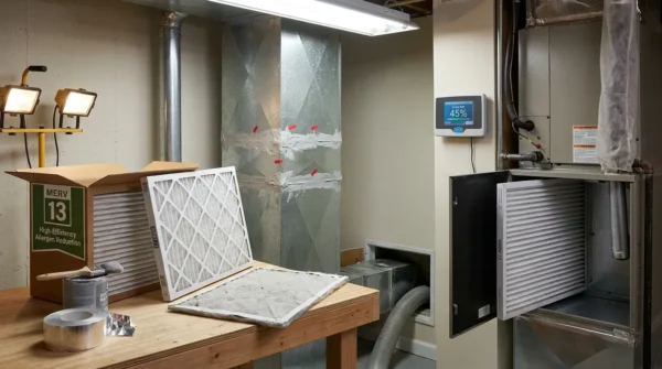 HVAC system with a new air filter and humidity monitor in a basement setting.
