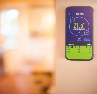 Smart thermostat displaying current temperature and heating schedule.