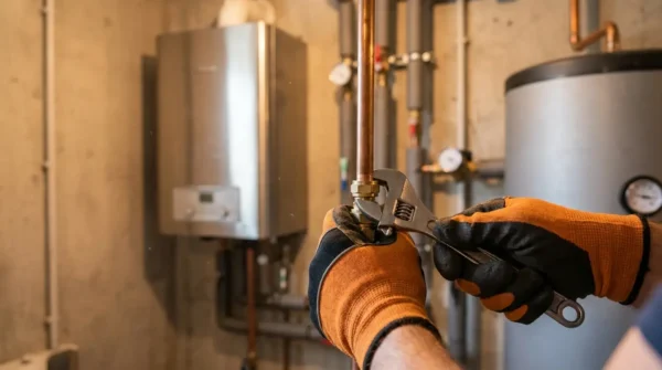 Plumber using a wrench on copper pipes in a basement with a water heater.