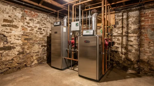 A modern high-efficiency boiler installation in New Canaan CT inside a historic home basement featuring exposed brick and stone foundation walls with clean copper piping