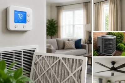 Thermostat displaying 72 degrees in a modern living room with air conditioning unit and filter.