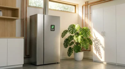 Modern stainless steel refrigerator in a bright kitchen with a large plant.