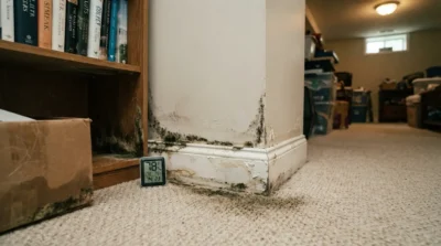 Mold growth on a wall corner in a basement with a temperature gauge.