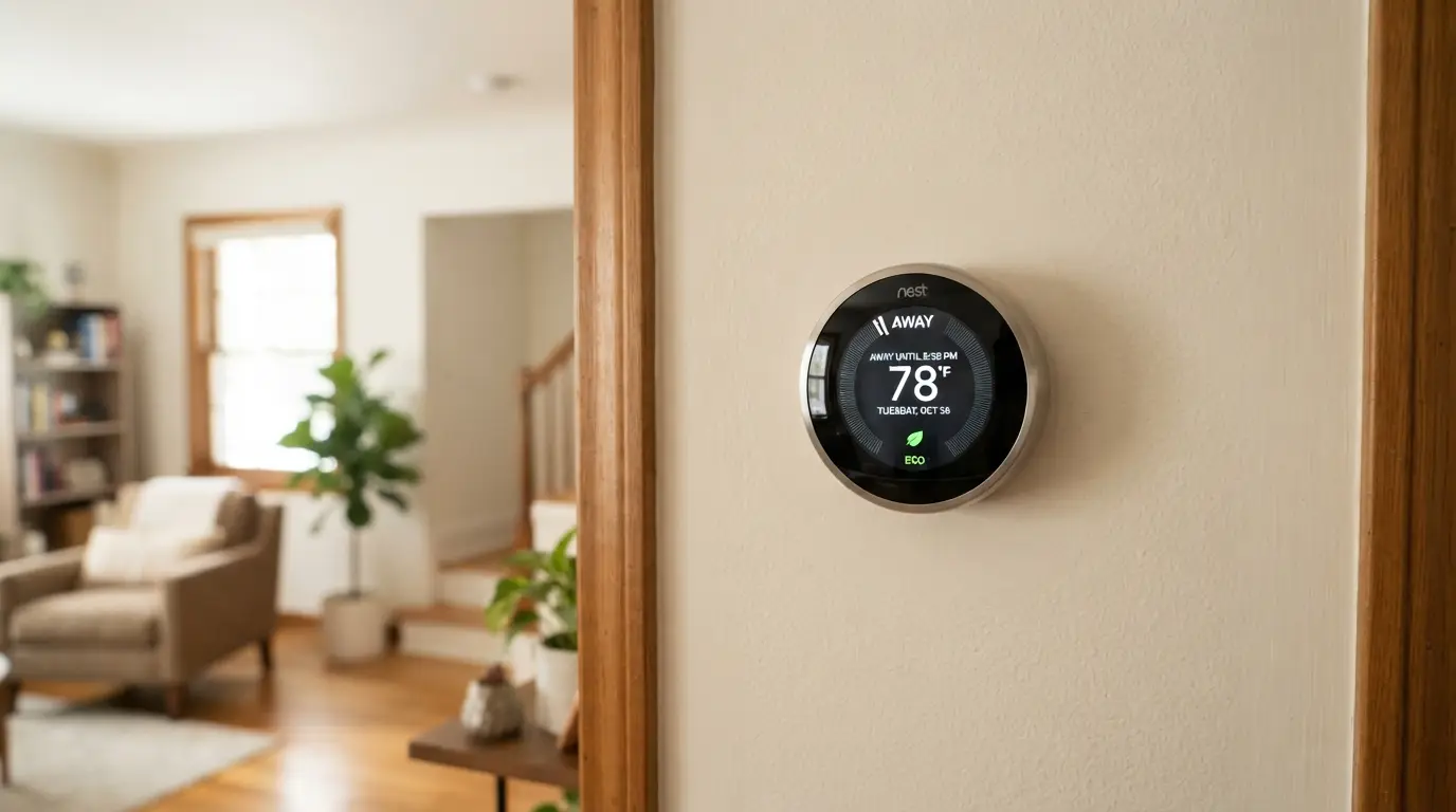 Nest smart thermostat set to 78 degrees in Eco Away mode to demonstrate smart thermostat strategies for lowering energy bills.