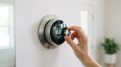 Smart thermostat being adjusted to 69°F on a home wall.