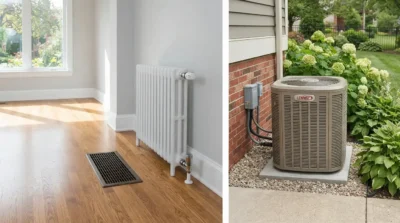 Indoor heating radiator and outdoor air conditioning unit side by side.