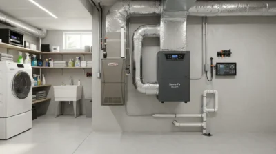 Modern basement with laundry appliances and HVAC system