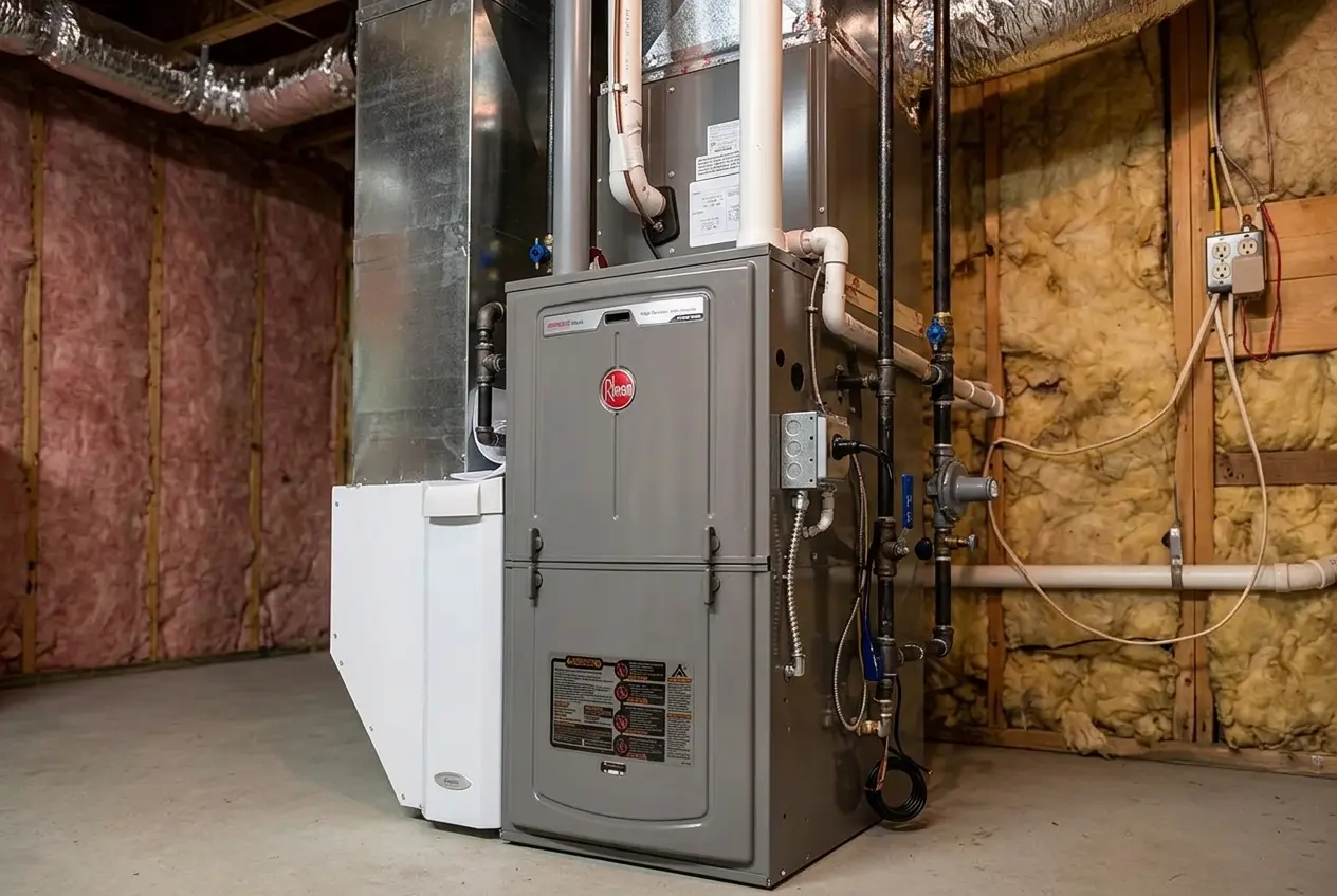 Modern heating system installed in a residential basement with insulation.