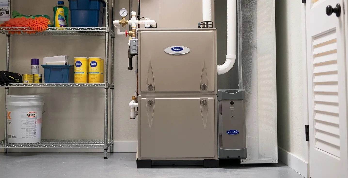 Heating and cooling system installed in a garage, featuring a furnace and air handler.