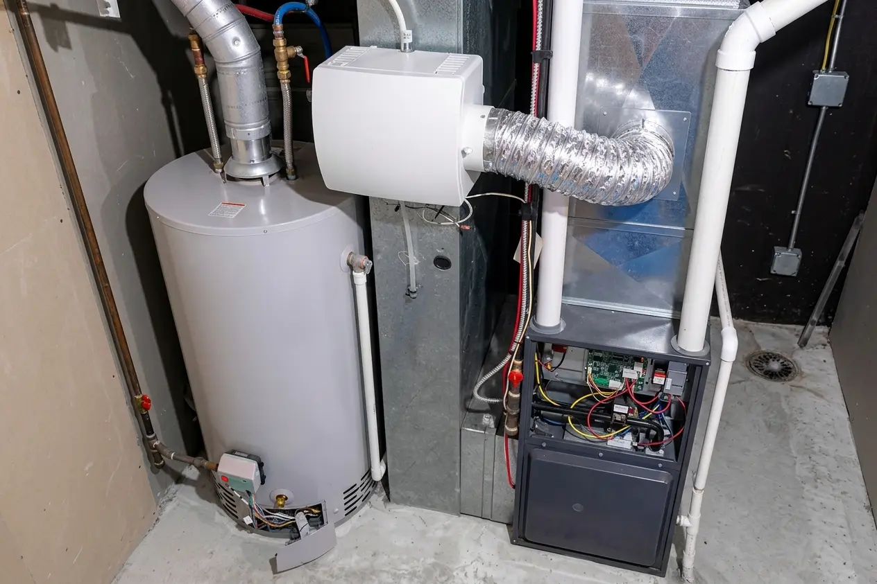 Residential water heater and HVAC system in utility room.