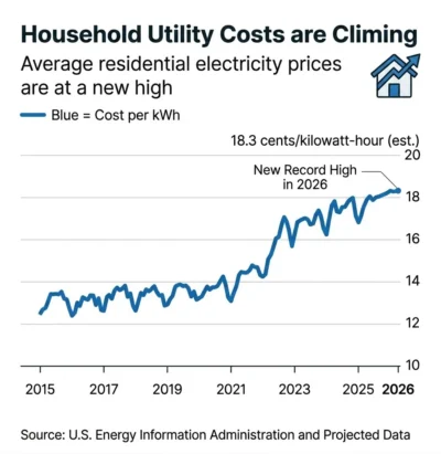 Graph showing rising household electricity prices from 2015 to 2026.