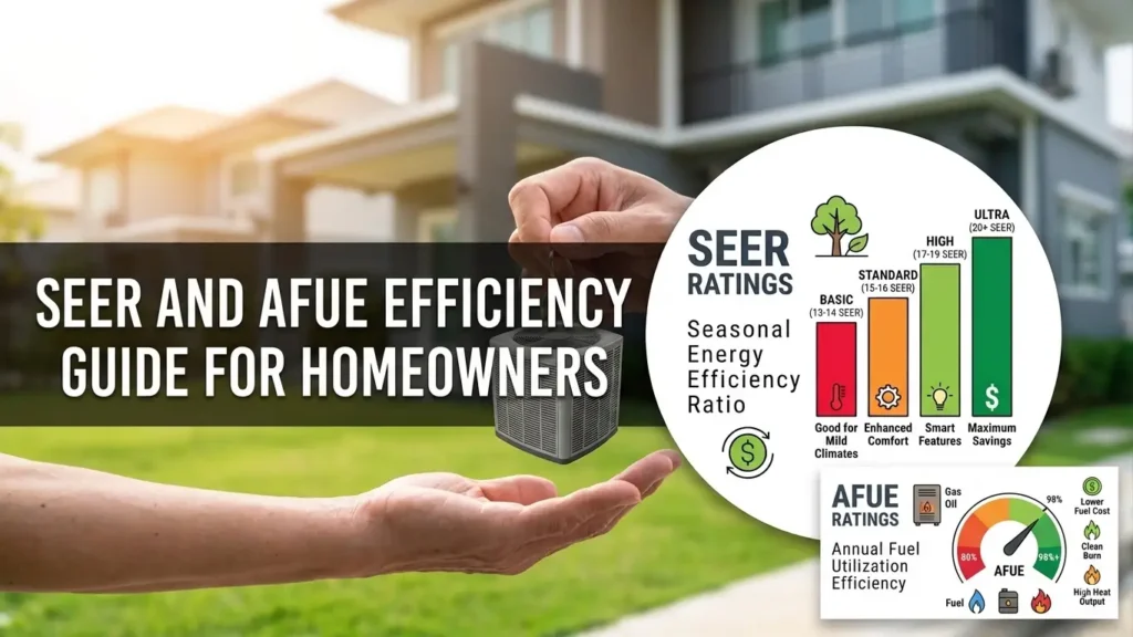 A homeowner guide graphic comparing SEER2 and AFUE ratings and energy efficiency levels for residential HVAC systems.