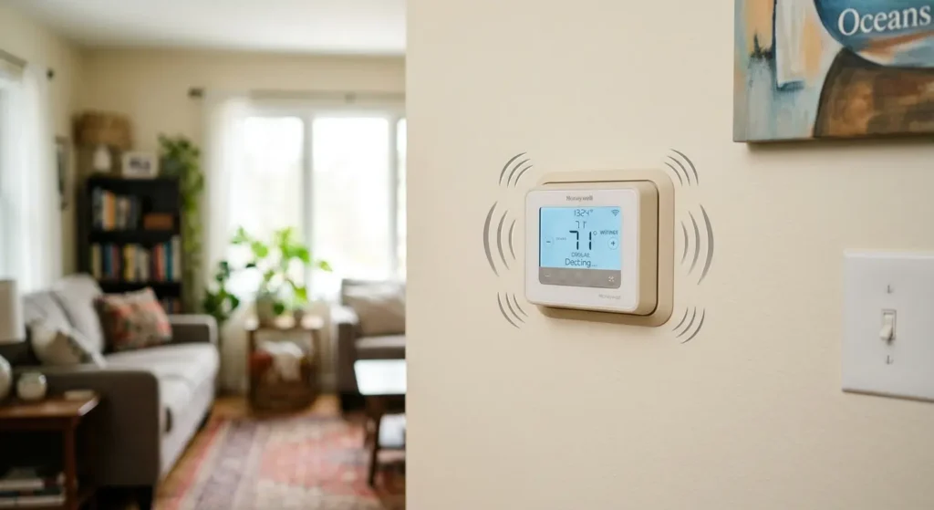 Home thermostat mounted on a wall with a blurred living room in the background, illustrating the question: why is my thermostat clicking?