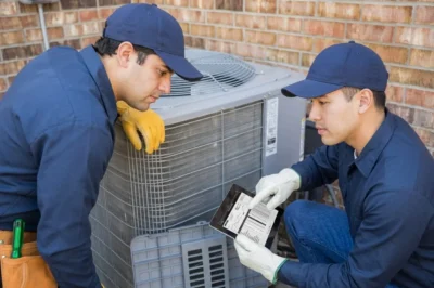 Two HVAC technicians inspecting an air conditioning unit with a tablet.