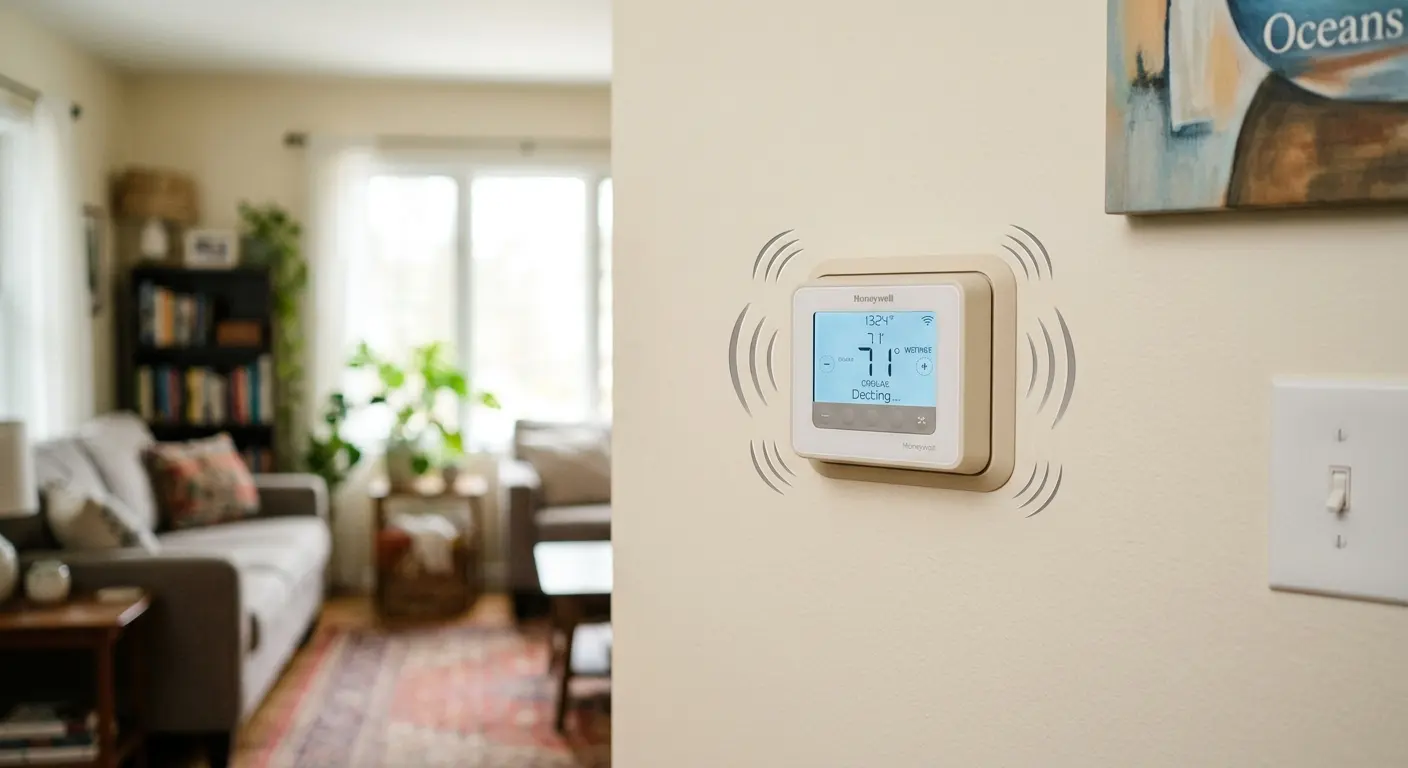 Home thermostat mounted on a wall with a blurred living room in the background, illustrating the question: why is my thermostat clicking?