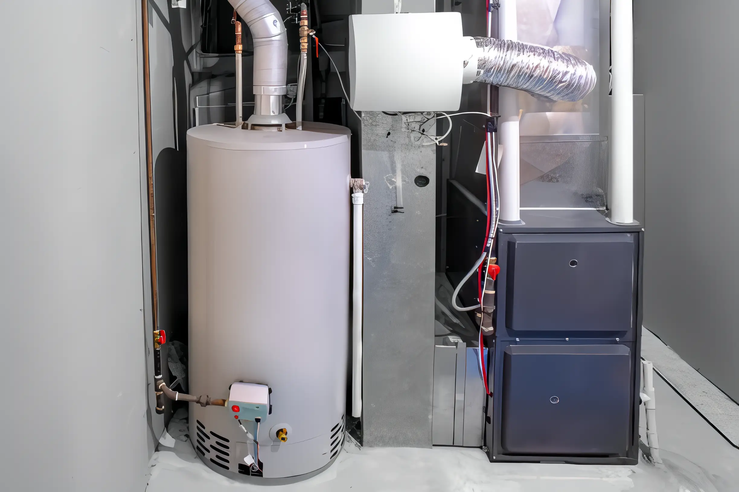 Residential hot water heater and furnace installed in a utility room.