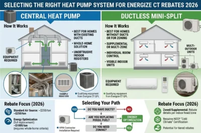 Infographic on selecting heat pump systems for Energize CT rebates in 2026.
