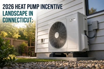 Heat pump installed outside a home in Connecticut with a text overlay about incentives.