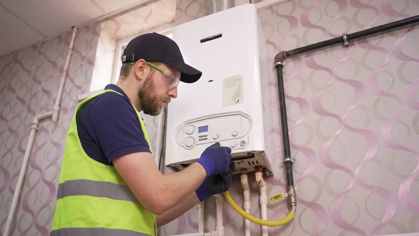 Technician servicing a heating boiler in a residential setting.