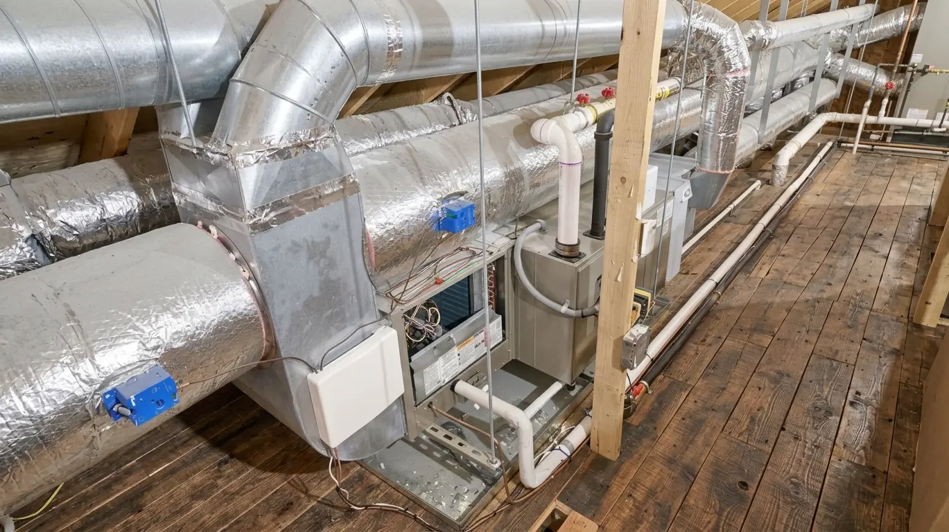 Complex ductwork and HVAC system installed in an attic space.