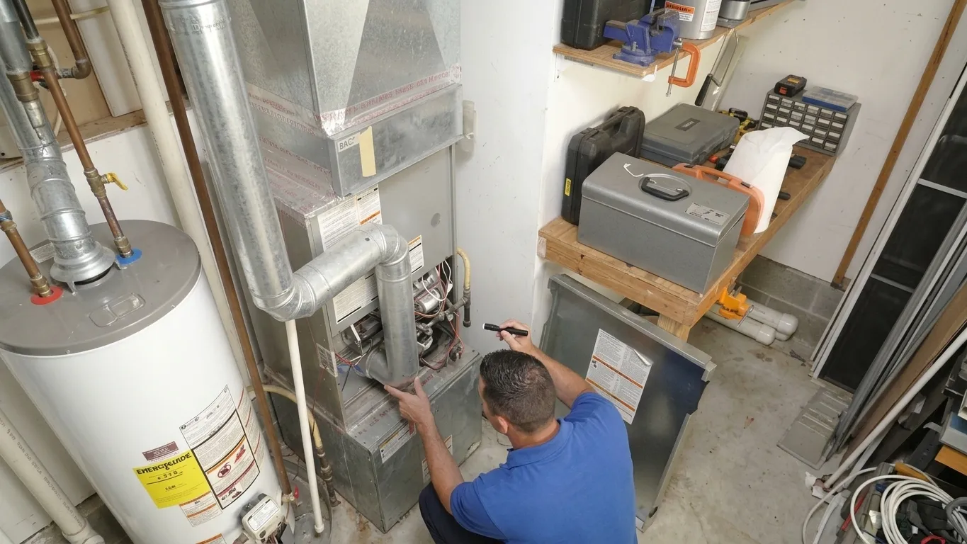 Technician servicing a furnace in a residential basement.